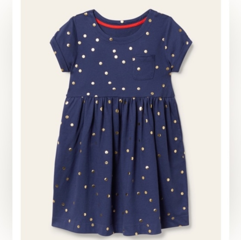 Mini Boden blue metallic gold polka dot short sleeve dress, 11-12Y